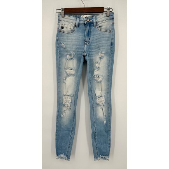 Kancan Mid Rise Ankle Skinny Jeans Women 24 Light Wash Distressed Stretch - Picture 1 of 9
